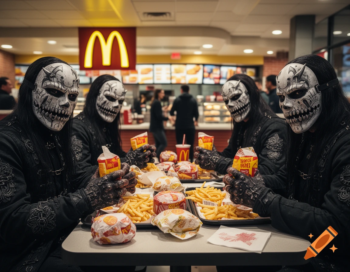 Four masked figures resembling Slipknot members in black attire eat McDonald's fast food at a table in a restaurant.