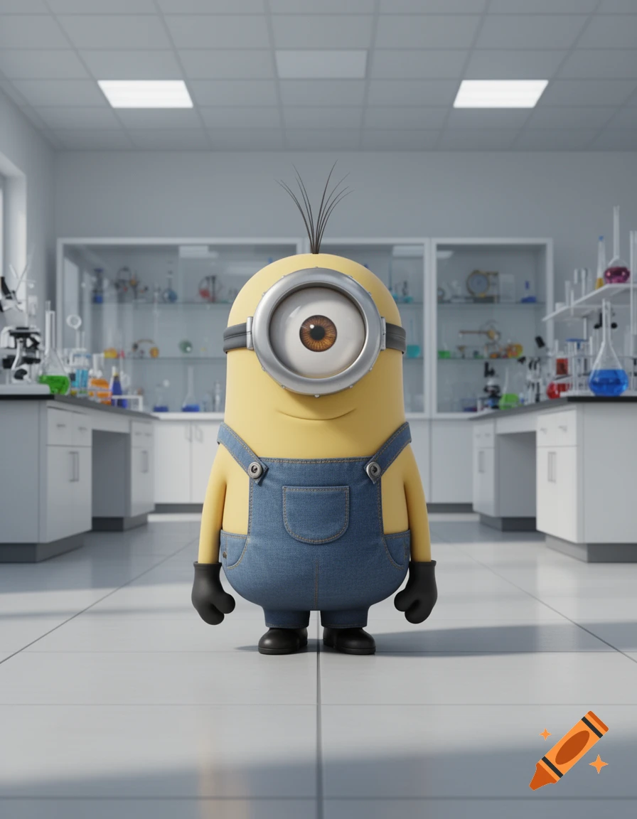 A one-eyed Minion in denim overalls stands in a bright, modern science laboratory filled with beakers and equipment.