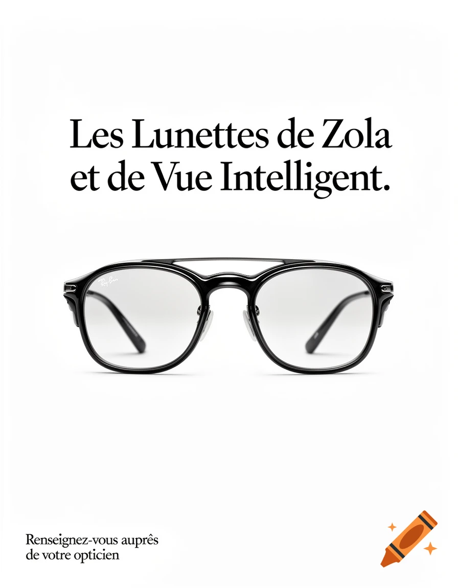 A pair of black-framed Ray-Ban glasses with clear lenses displayed against a white background, accompanied by French advertising text.