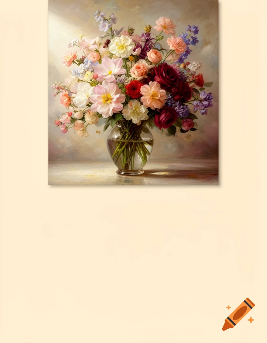A vibrant painterly bouquet of mixed flowers in a glass vase, set against a warm, extended background.
