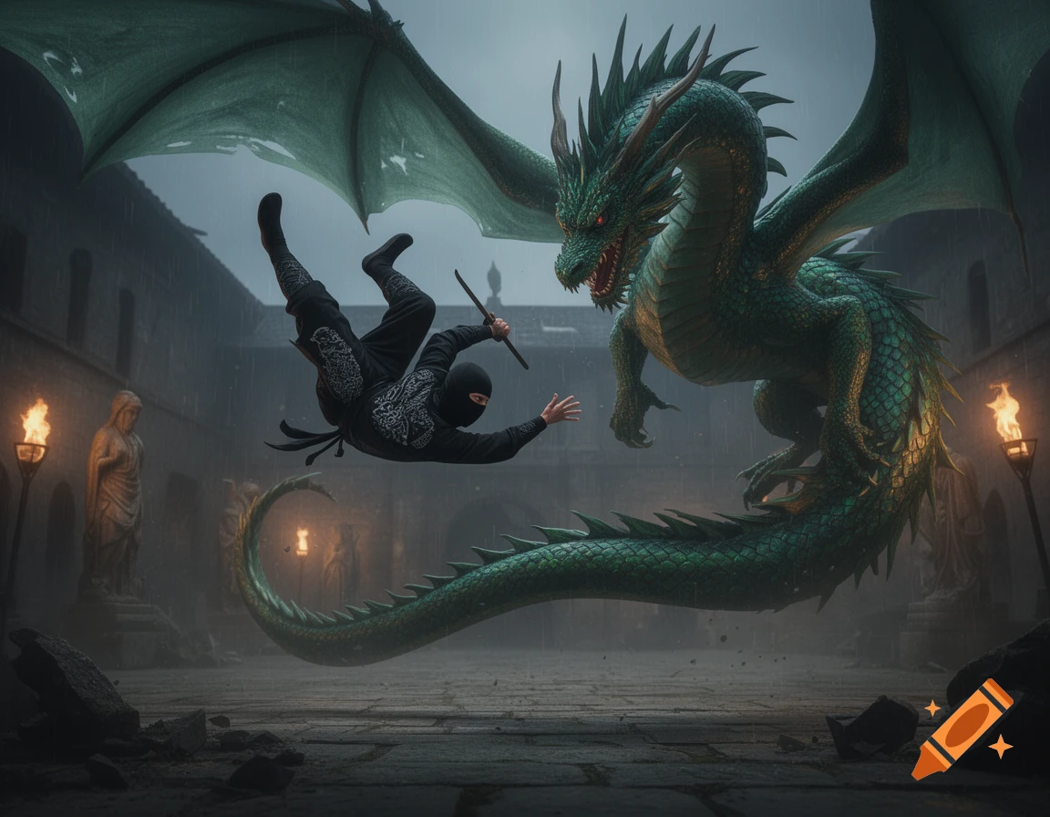 A ninja leaps in the air, wielding a staff, facing a massive green dragon in a rainy castle courtyard.