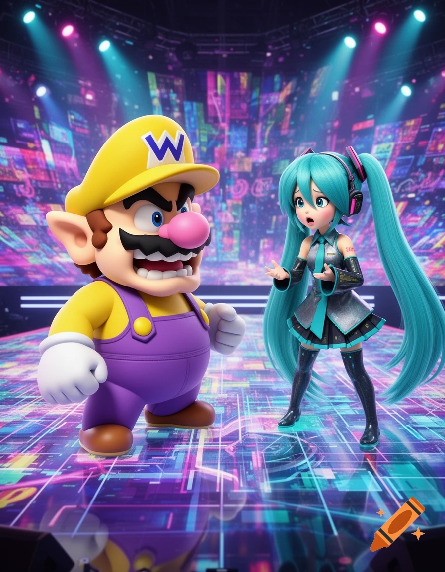 Wario and Hatsune Miku stand on a neon-lit futuristic stage, Wario looking angry and Miku looking surprised.