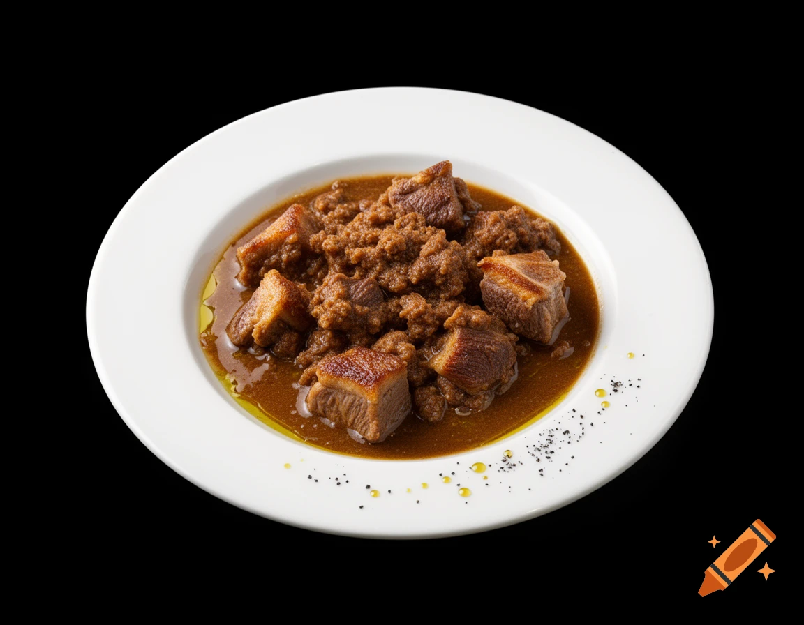 A photorealistic close-up of a rich meat stew in a brown sauce with large meat chunks, served on a white plate against a black background.