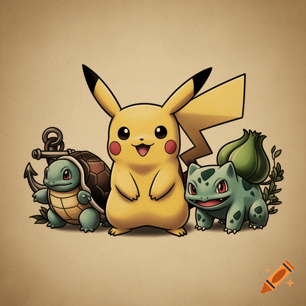 Pikachu, Squirtle, and Bulbasaur in an early 20th-century tattoo style, with Squirtle having an anchor.