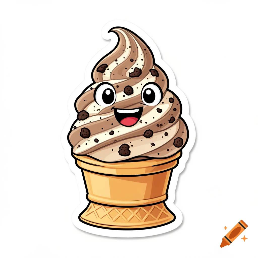 Cartoon soft-serve cookie ice cream in a cone with a happy face, in a sticker style.
