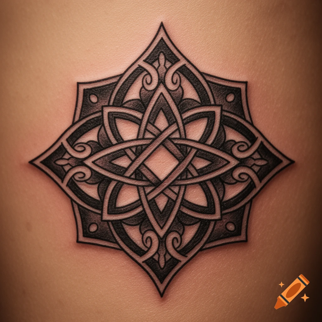 Close-up of an intricate dark Celtic knot mandala tattoo on light skin.