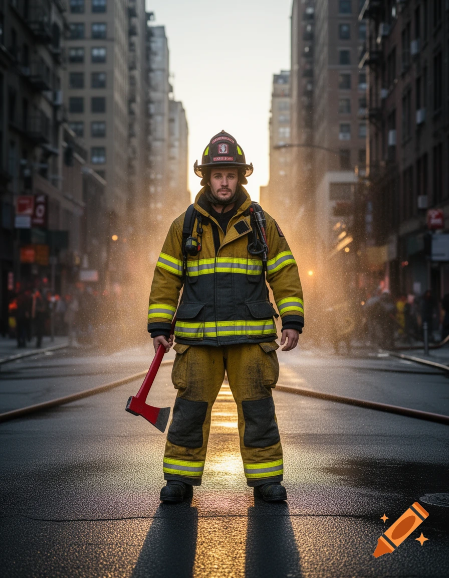 A firefighter in a yellow uniform and helmet stands on a wet city street, holding a red axe, backlit by the setting sun.