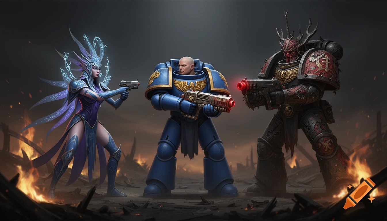 Three armed figures in a dramatic standoff: a blue-armored Space Marine, a purple-robed Aeldari, and a red Chaos Marine, in a fiery, war-torn setting. Stylized digital art.
