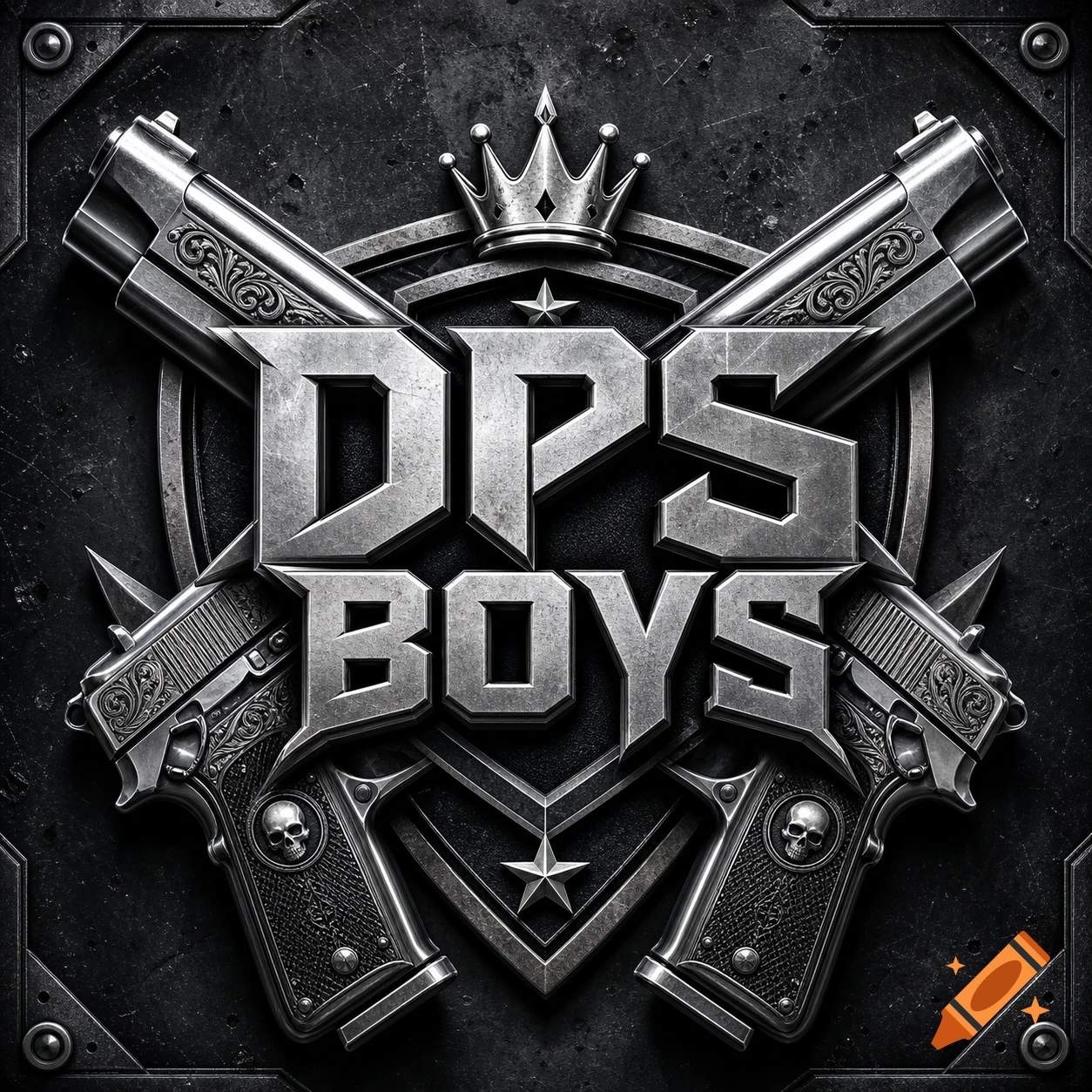 Metallic 'DPS BOYS' logo with crossed pistols, a crown, and a grunge texture background.