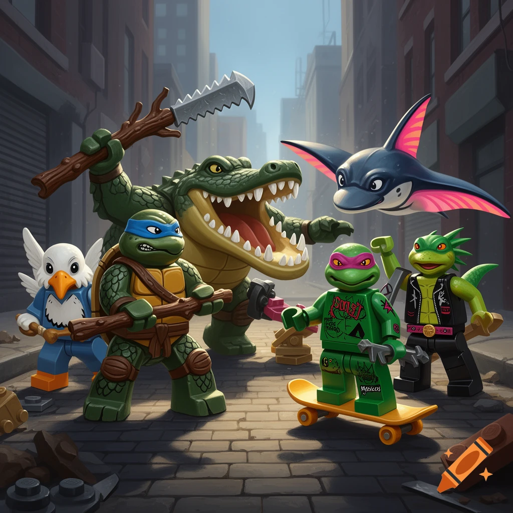 LEGO Teenage Mutant Ninja Turtles characters Slash, Leatherhead, Pigeon Pete, Mondo Gecko, and Ray Fillet are ready for action in a city alley.