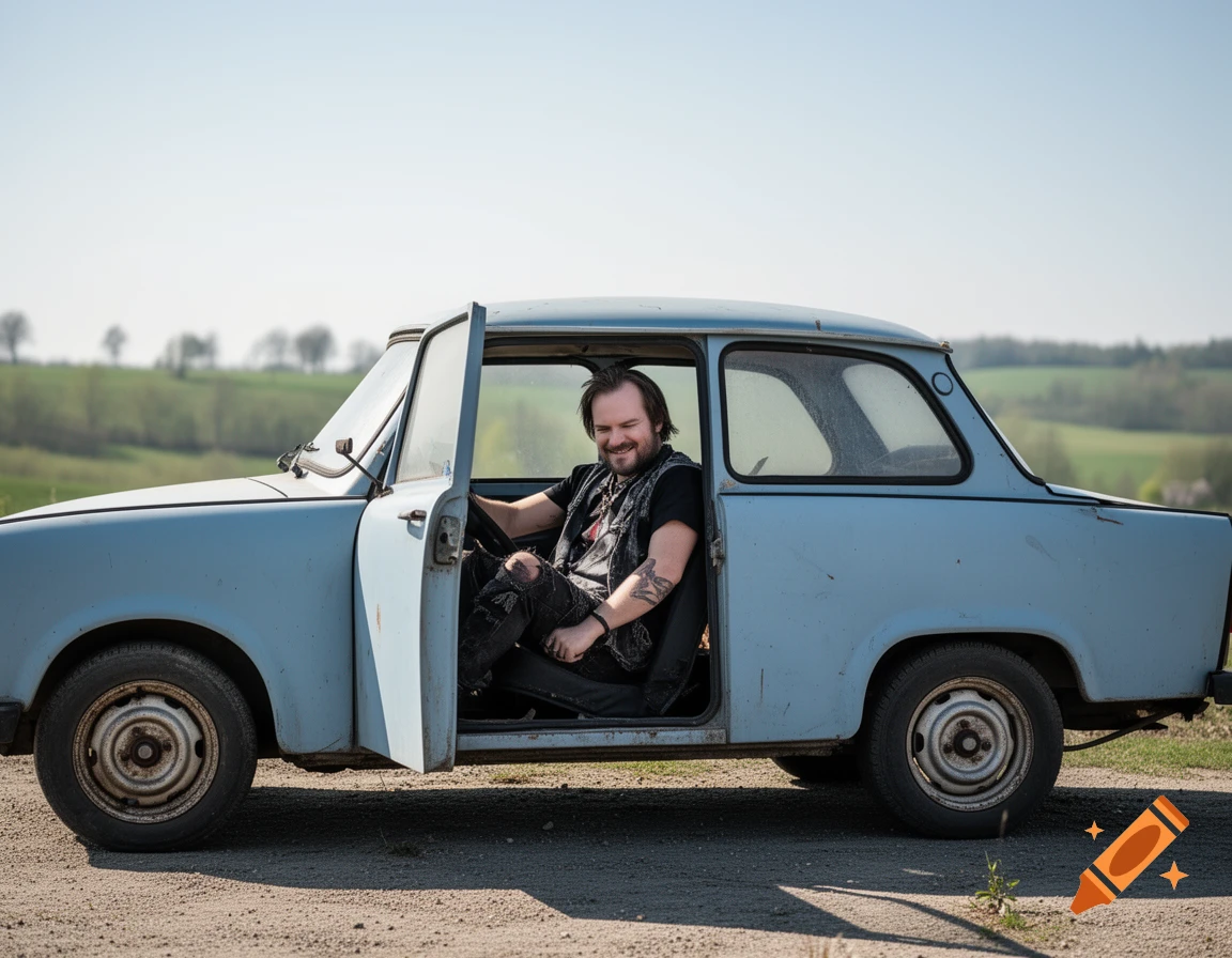 A smiling man with a beard and tattoos sits in the driver's seat of a light blue vintage car with the door open, against a rural background.