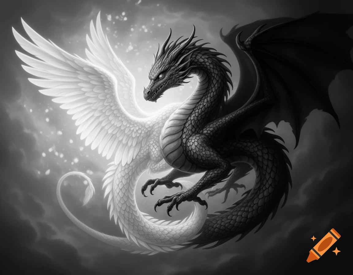 A majestic black and white dragon, with one white feathered wing and one dark bat-like wing, embodying duality.