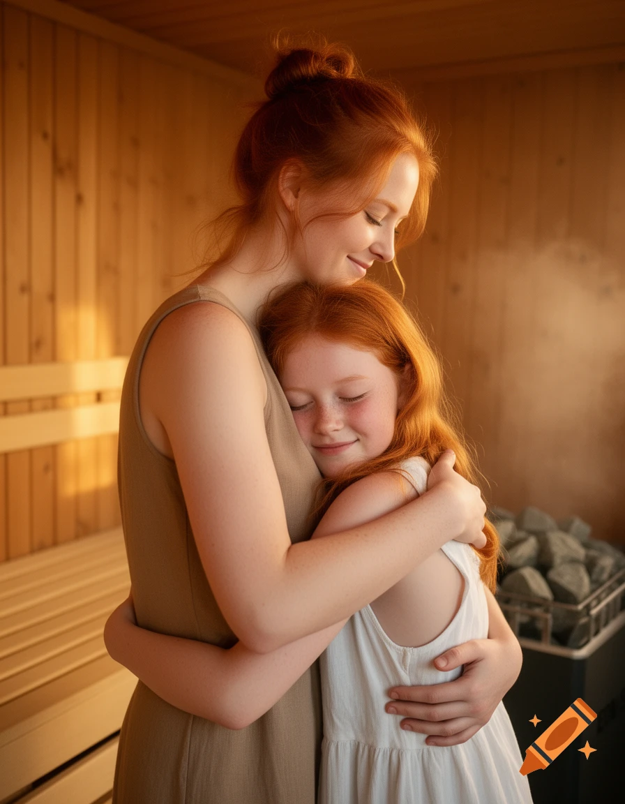 A photorealistic image of a red-haired woman hugging a red-haired child in a warm, wooden sauna.