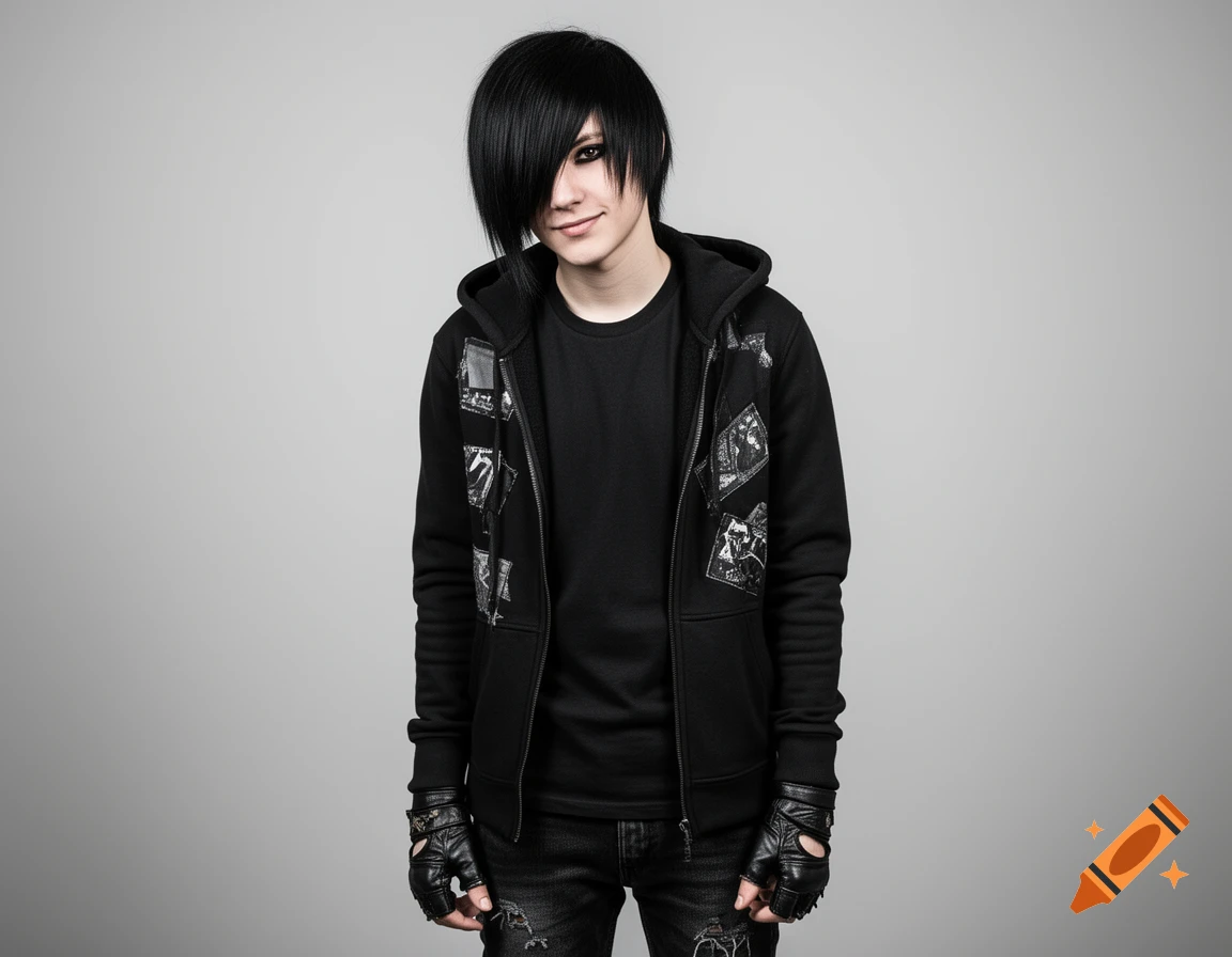 Emo person with black hair and makeup, wearing a black hoodie and fingerless gloves, smiling against a gray background.