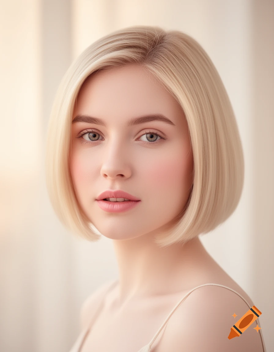 Close-up portrait of a young woman with a blonde bob haircut, light eyes, and natural makeup.
