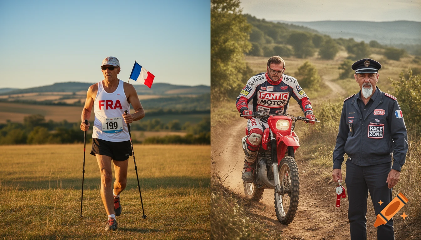 A split image shows an older man Nordic walking with a French flag in a sunny field on the left, and a man on a red dirt bike with a commissioner standing beside him on a dirt road on the right.