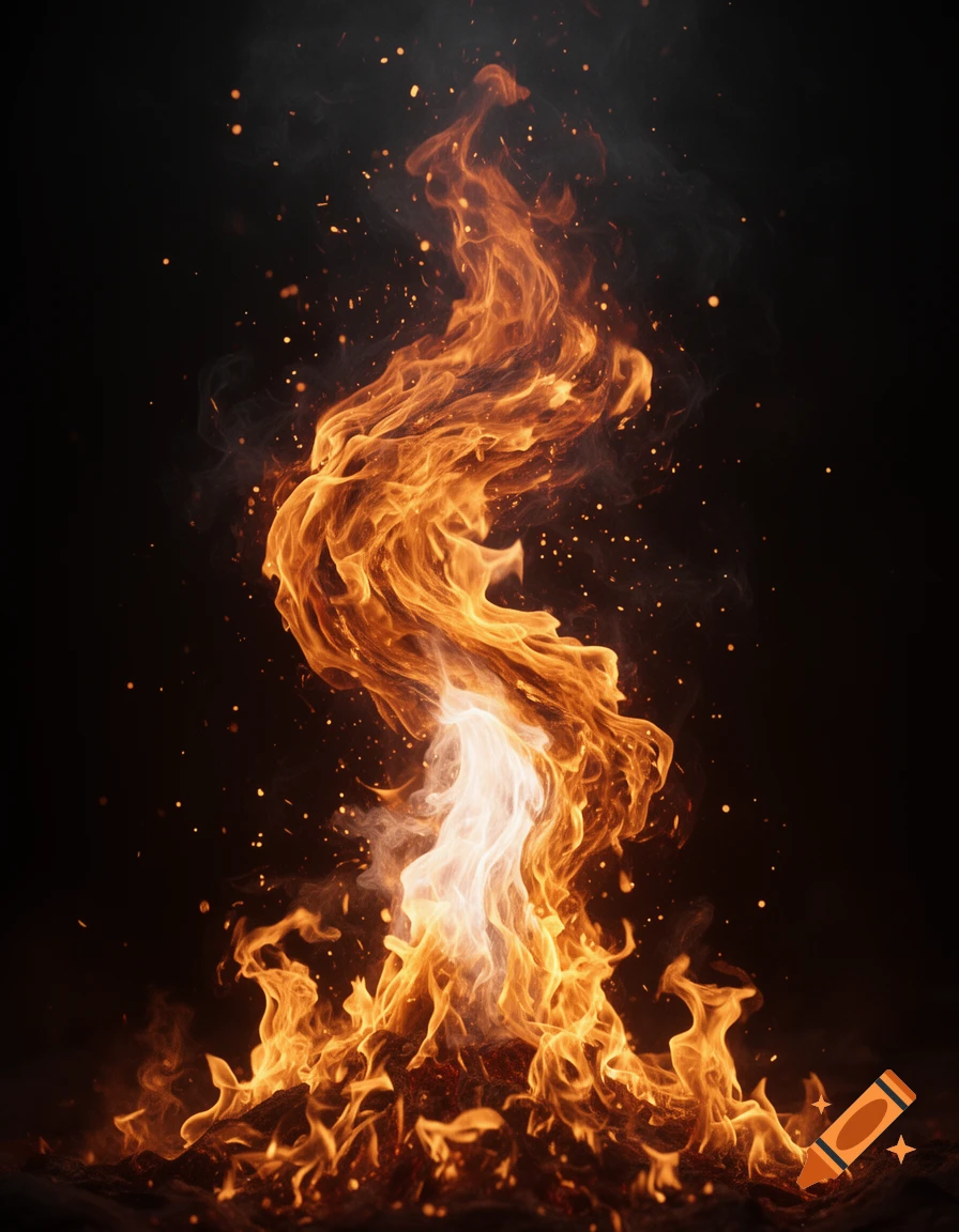 Vibrant, swirling fire with bright orange and yellow flames, smoke, and flying embers against a dark background.