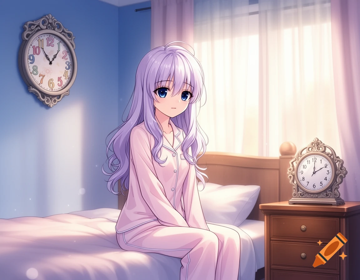 Anime girl with purple hair in pink pajamas sitting on a bed in a blue bedroom with two clocks.
