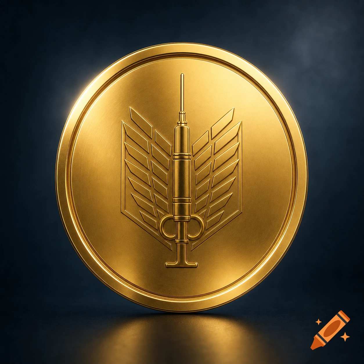 A gleaming gold coin with a central emblem featuring a stylized syringe flanked by wing-like designs.