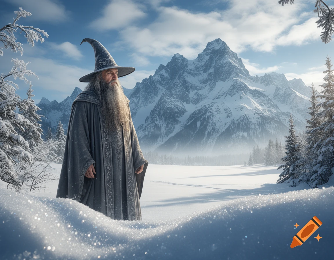 A wizard with a long beard and pointed hat stands in a vast, snowy landscape with mountains in the background.