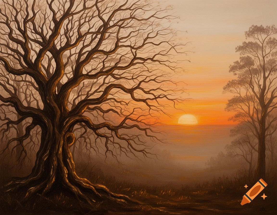 An acrylic painting of a gnarled tree silhouetted against a vibrant orange and yellow sunset in a misty landscape.