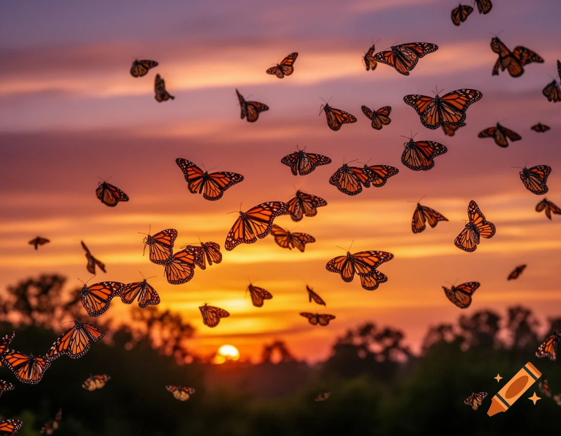Numerous monarch butterflies fly against a vibrant orange and purple sunset sky with silhouetted trees.