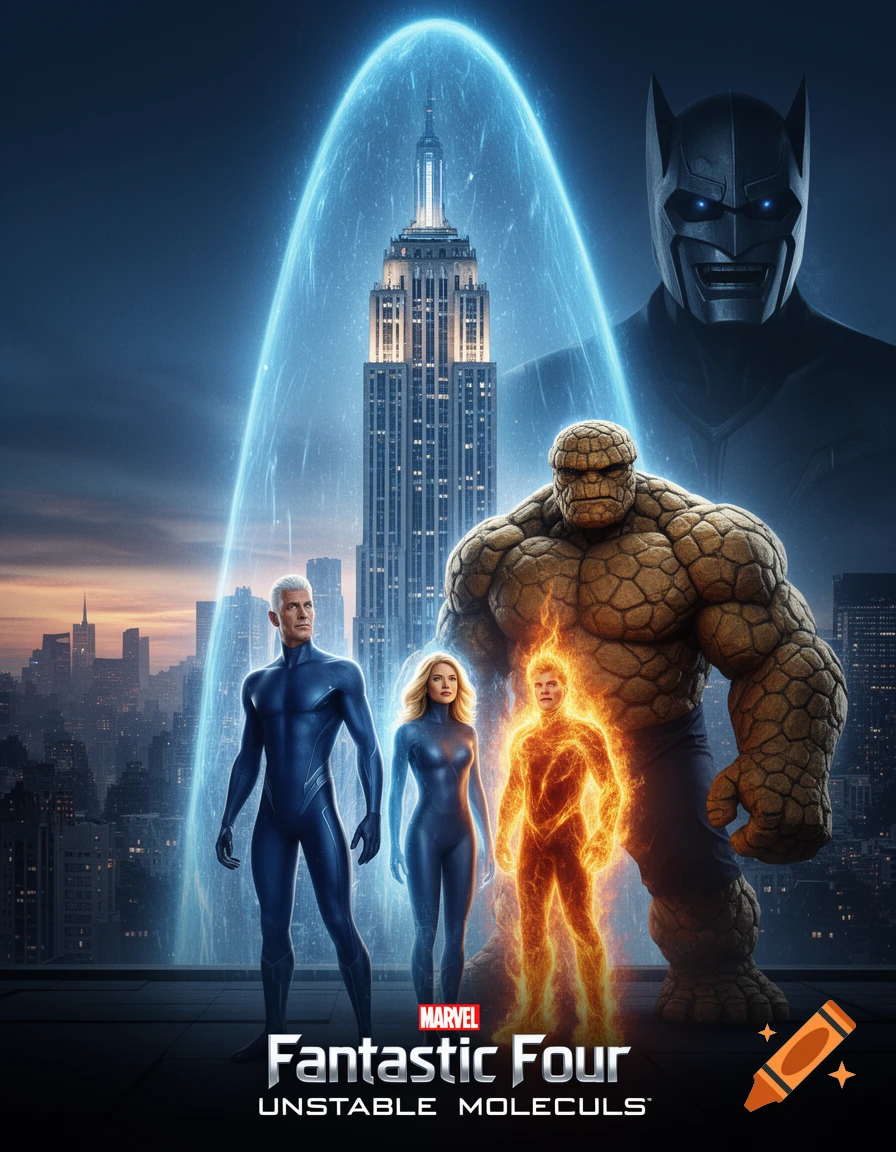 Cinematic movie poster for Fantastic Four. Reed Richards, Sue Storm, Johnny Storm aflame, and The Thing stand on a rooftop. The Empire State Building is behind them, enveloped in a blue energy field, with a shadowy Doctor Doom mask in the sky.