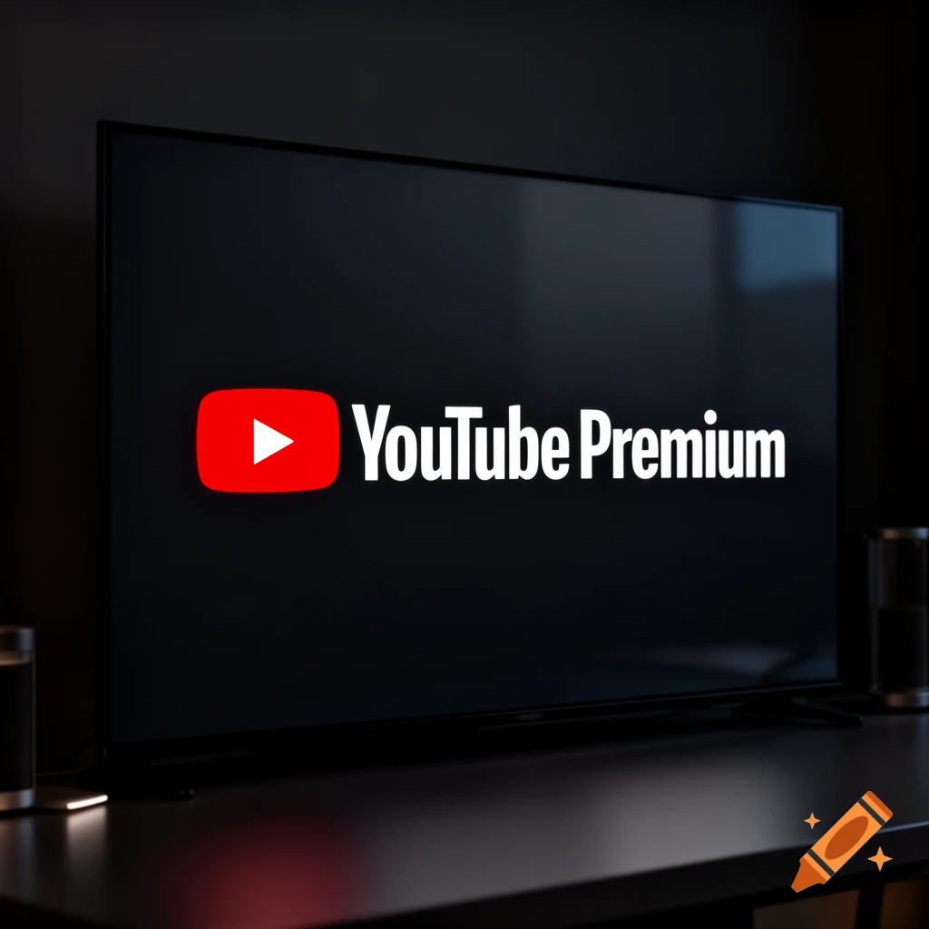 A modern television screen displaying the white YouTube Premium logo and red play button on a dark background.