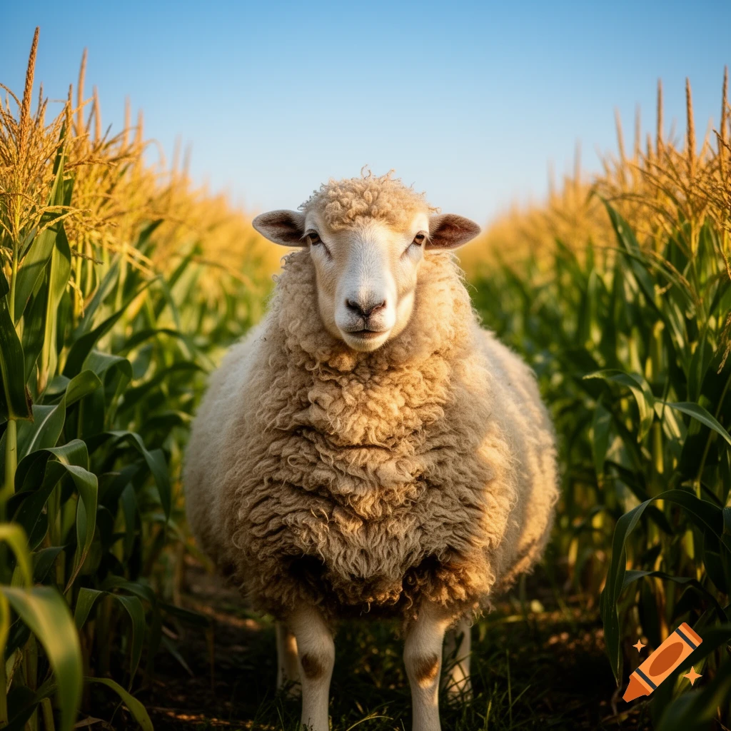 A fluffy white sheep stands in a sunny cornfield under a clear blue sky. Photorealistic.
