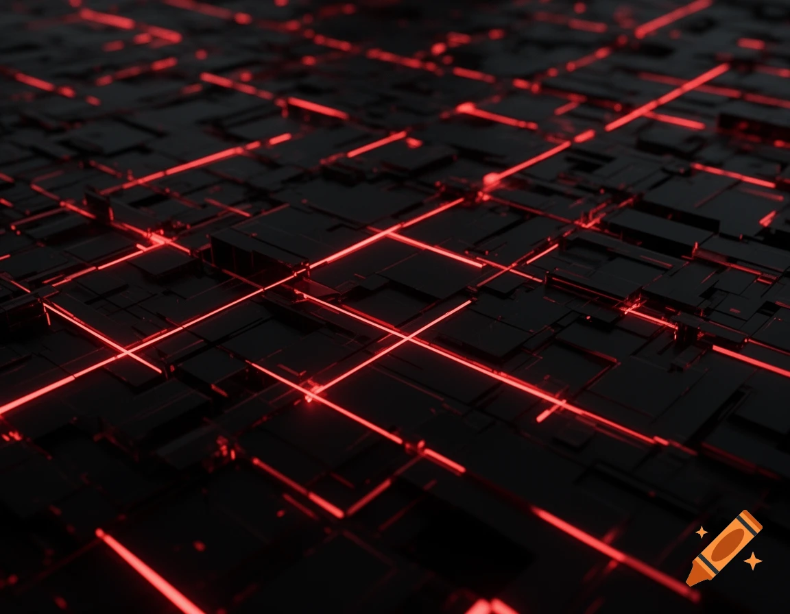 An abstract, dark matte black grid structure with glowing red lines running through it, resembling a futuristic circuit board.