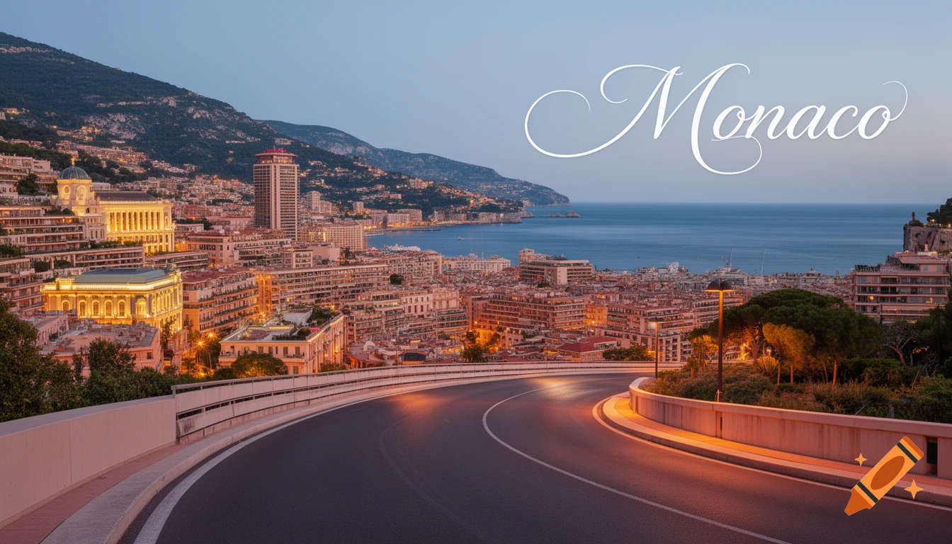 Photorealistic view of Monaco at dusk, winding road overlooking illuminated city buildings, mountains, and sea, with 'Monaco' in script.