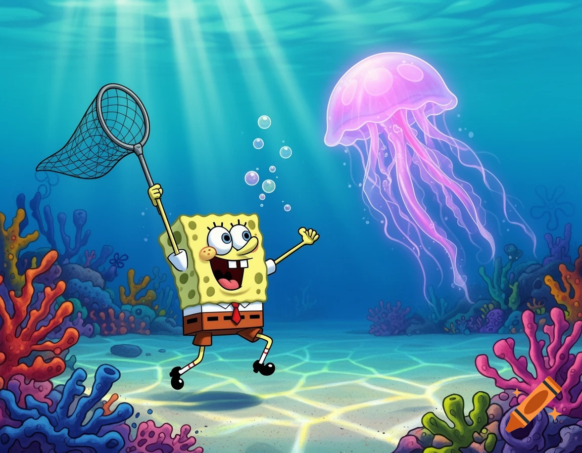 Spongebob Squarepants happily catches a glowing pink jellyfish with a net underwater amidst colorful coral reefs.