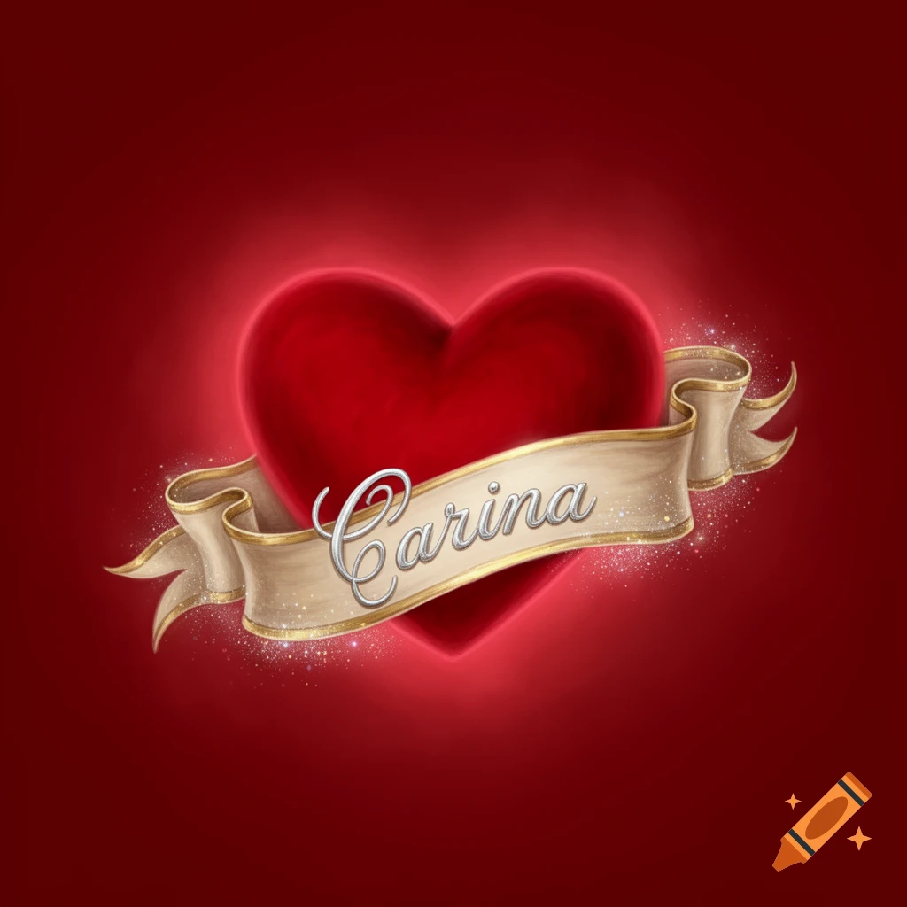 A vibrant red heart glows against a deep red background, wrapped in a shimmering golden banner displaying the name 'Carina' in elegant script.