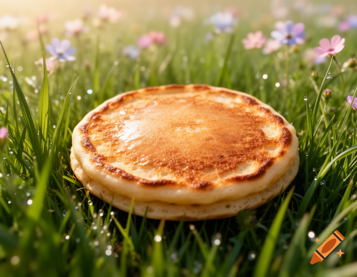 A stack of golden pancakes with melted butter sits in bright green grass with dew drops and blurred colorful flowers in the background.