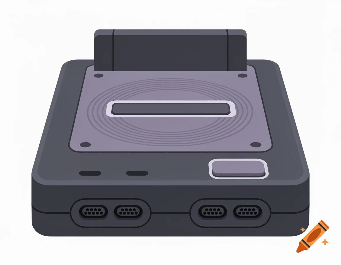 A vector art illustration of a dark gray retro video game console with a game cartridge inserted, seen from a slightly elevated front view.