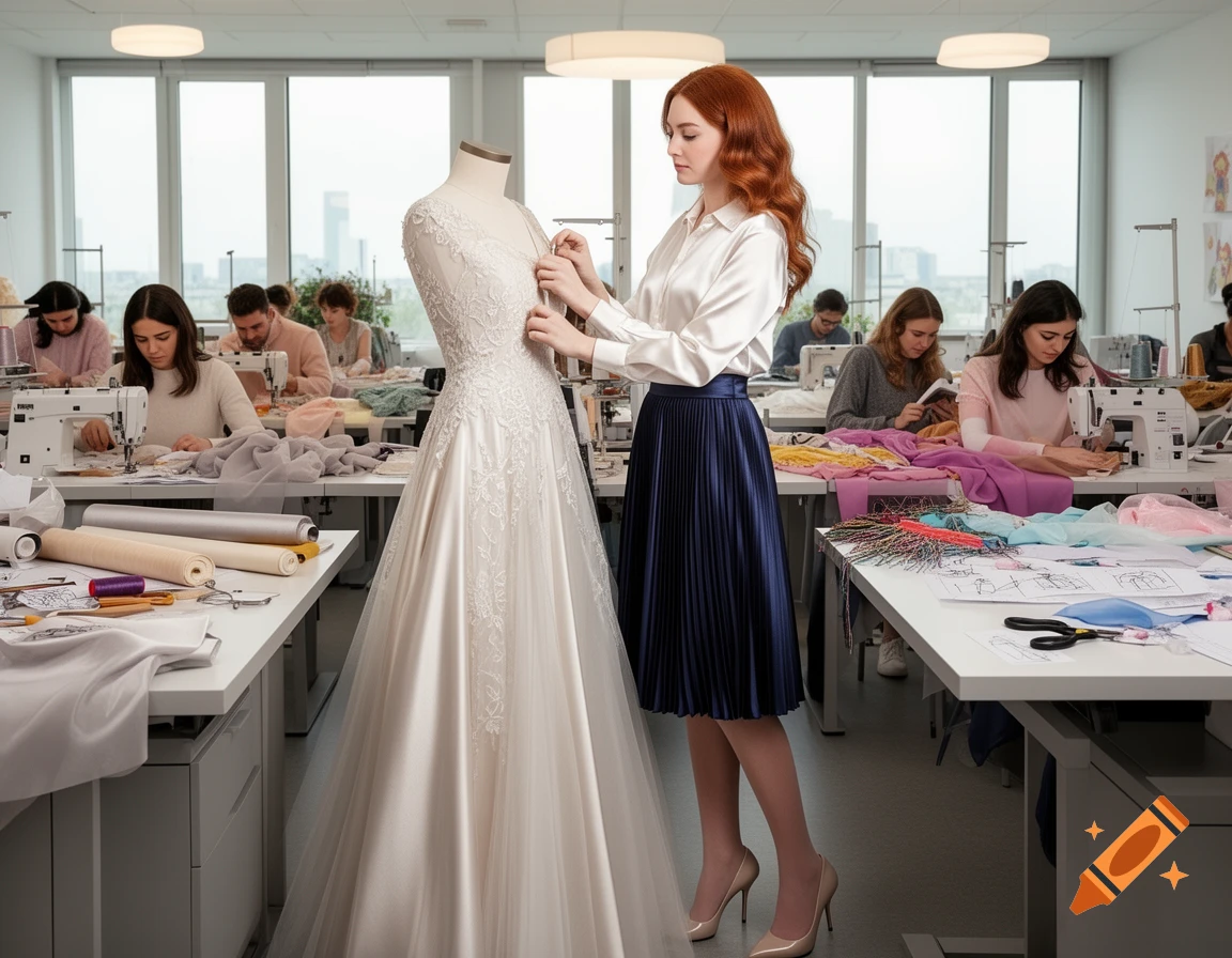 A young woman with auburn hair adjusts a white wedding dress on a mannequin in a bright sewing classroom, with others sewing in the background.