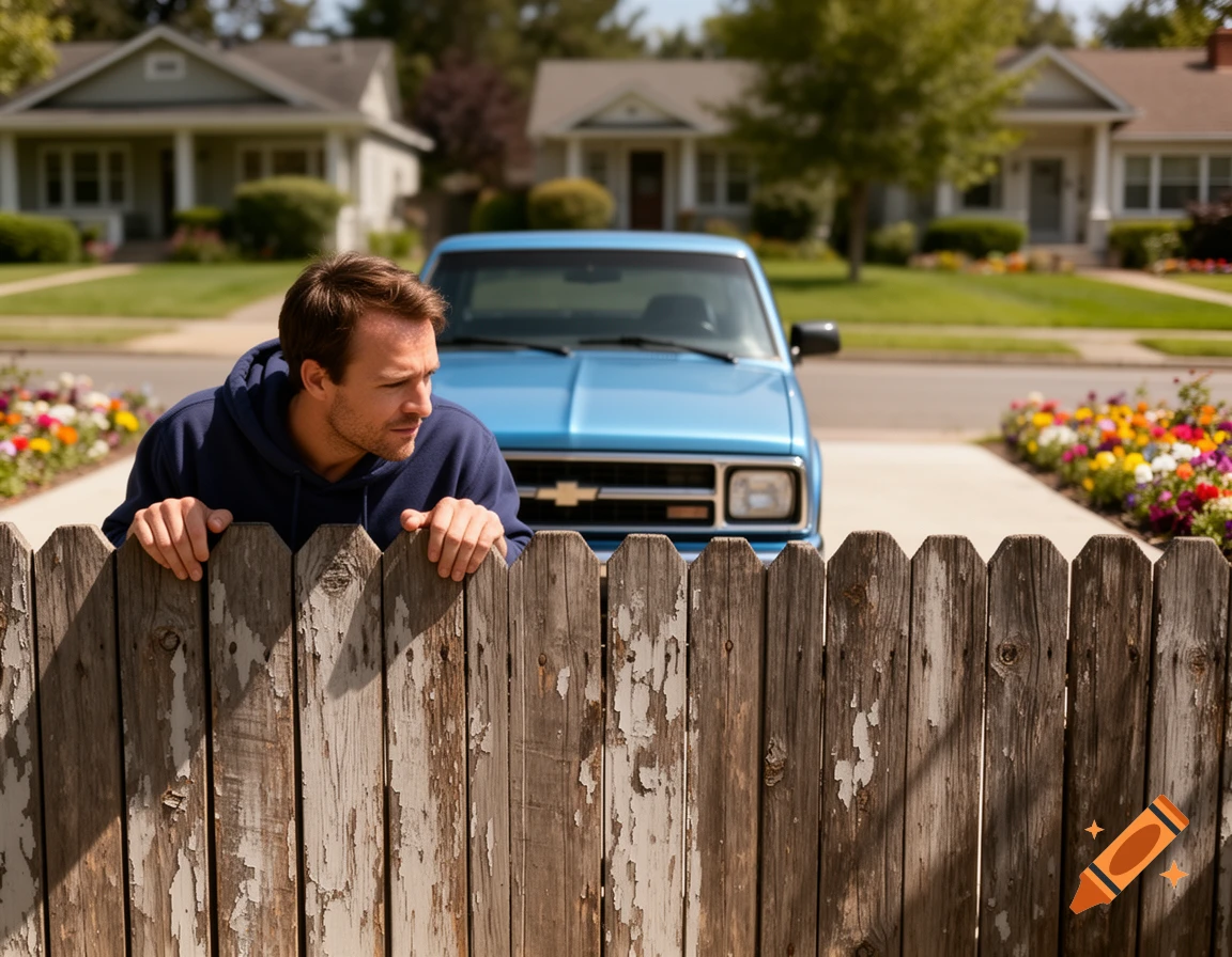 A man in a dark hoodie peers over a weathered wooden fence at a blue Chevrolet pickup truck parked on a suburban street.