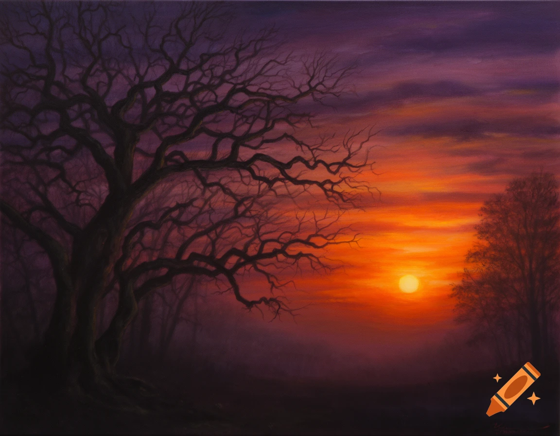 Acrylic painting of a gnarled tree silhouetted against a vibrant orange and purple sunset sky with the sun low on the horizon.