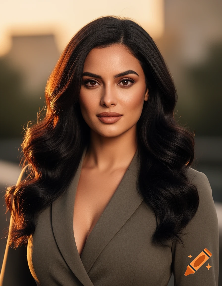 Photorealistic portrait of a confident woman with long dark wavy hair, dark eyes, and a deep v-neck blazer.
