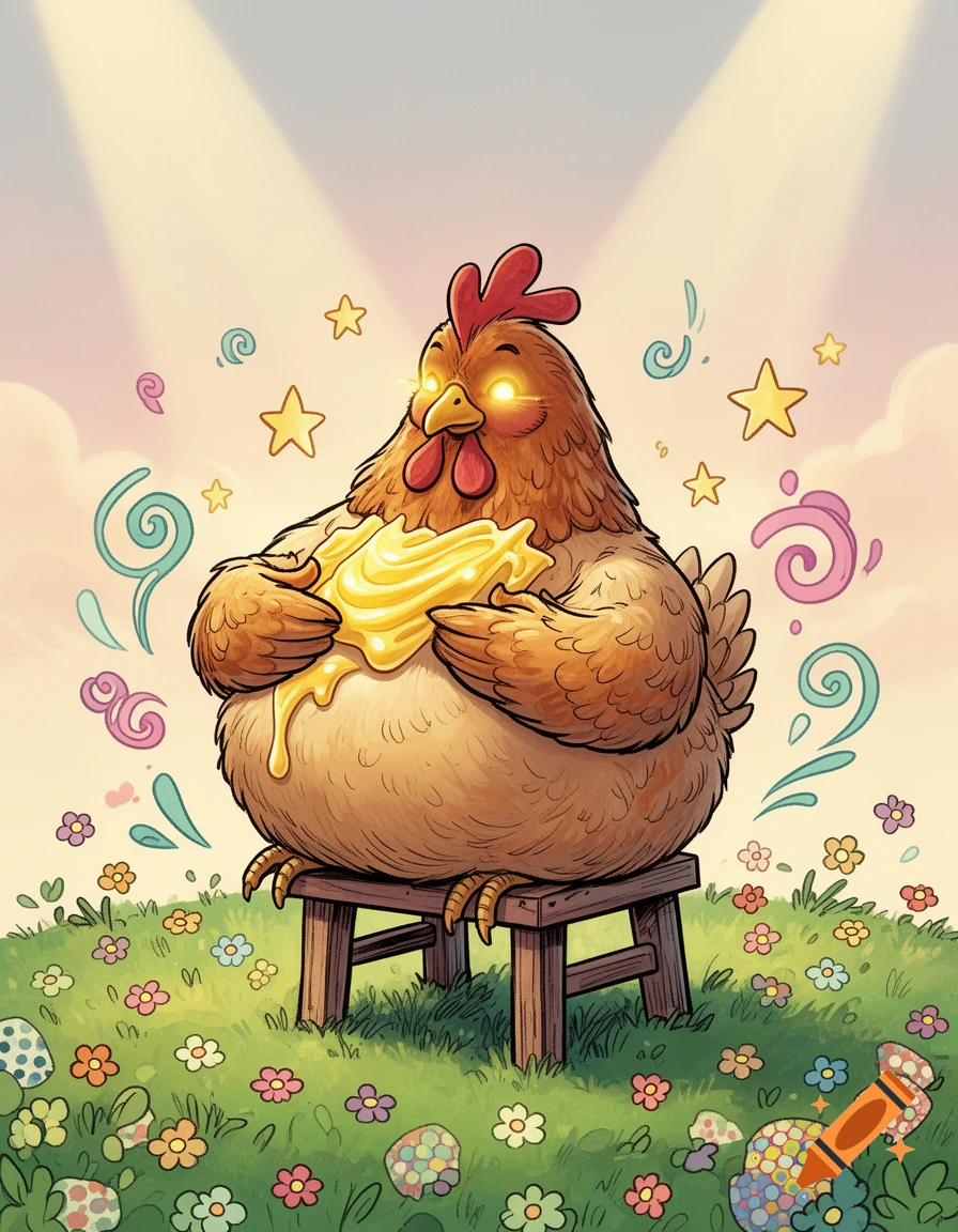 Cartoon chicken with glowing eyes on a stool, covered in melting butter, surrounded by stars, flowers, and Easter eggs.