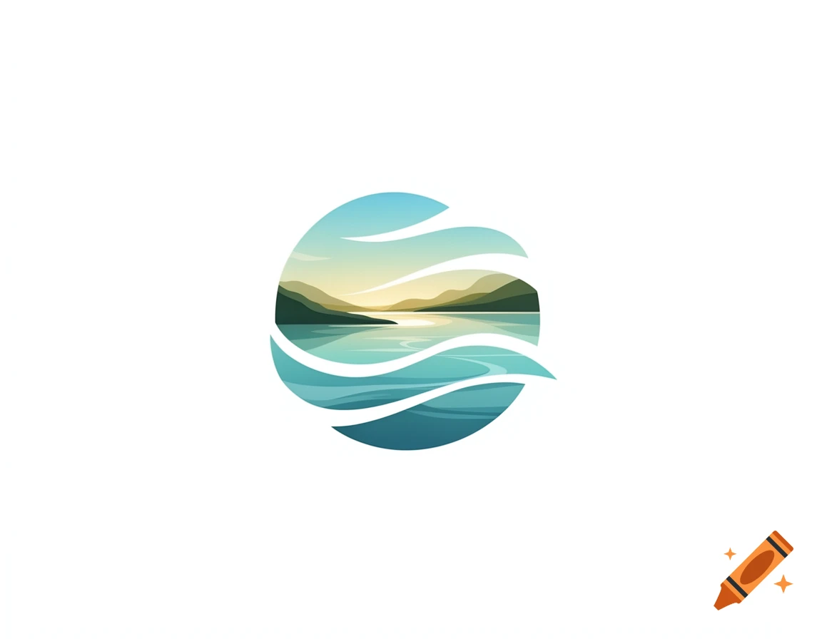 A stylized circular logo depicting a lagoon with mountains and calm water under a light blue sky.
