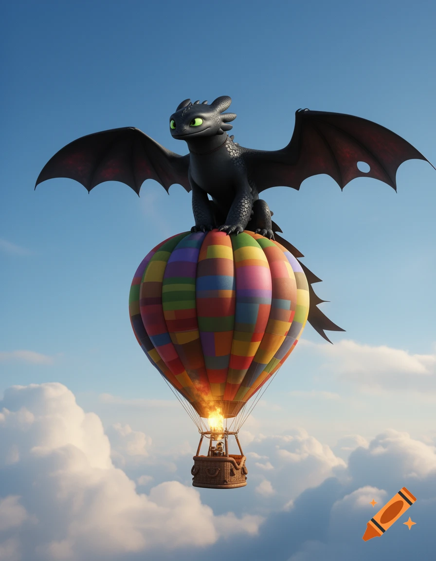 Toothless the dragon sits atop a vibrant, multi-colored hot air balloon, soaring high above white clouds in a clear blue sky.