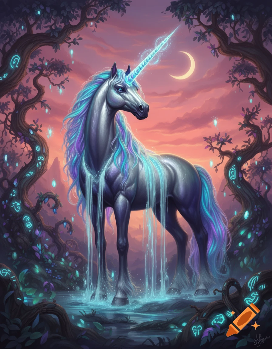 A majestic fantasy unicorn with a glowing blue horn and flowing mane, surrounded by magical glowing trees and water in a sunset forest.