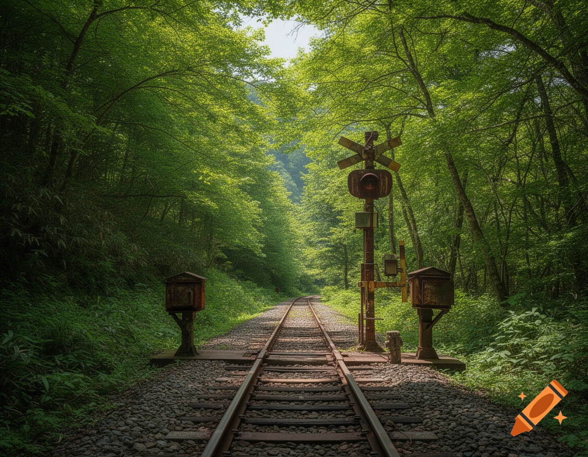 Photorealistic image of old train tracks and a rusty railway crossing signal disappearing into a dense, sunlit green forest.