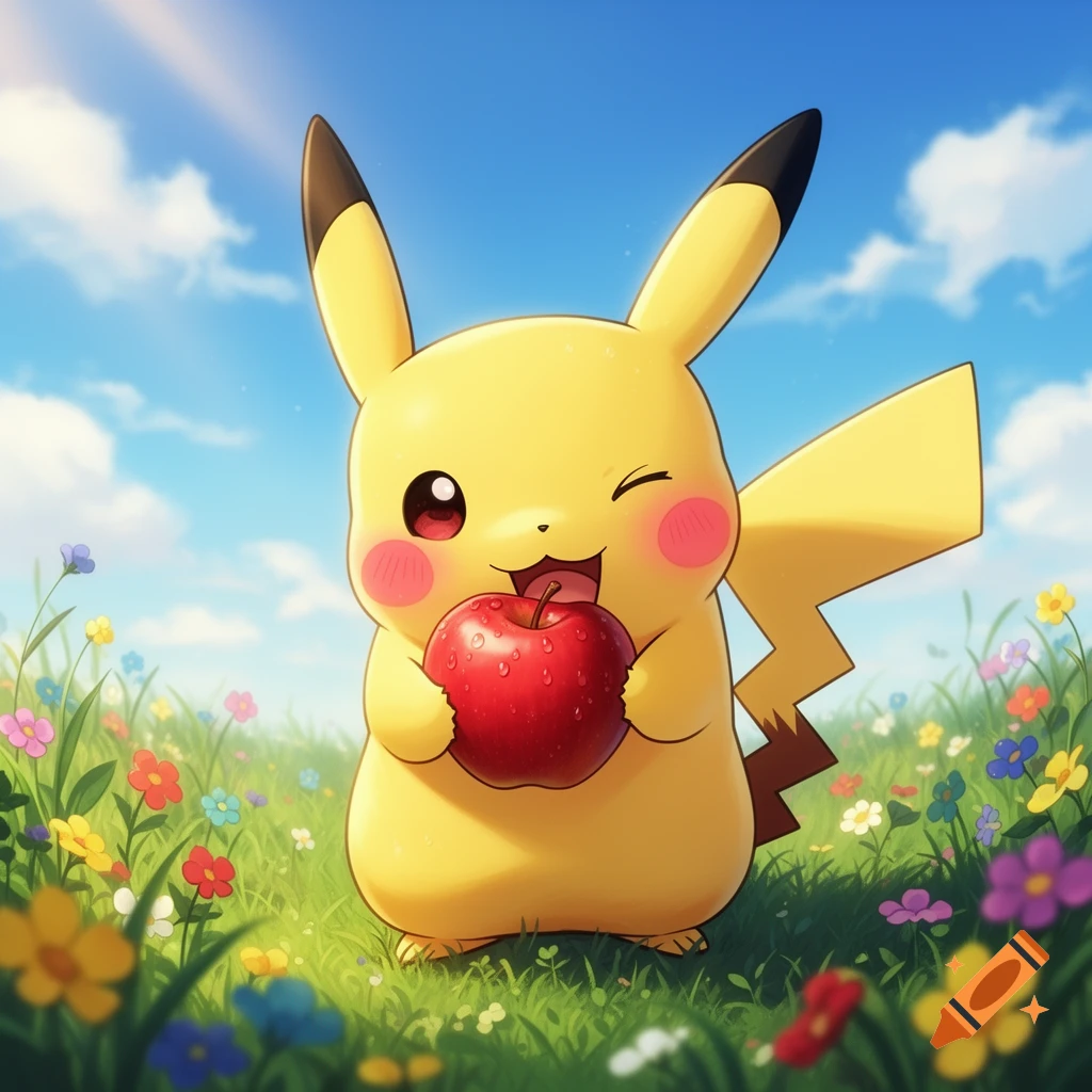 A cute cartoon Pikachu winks, holding a red apple in a vibrant, sunny field with colorful flowers under a blue sky.