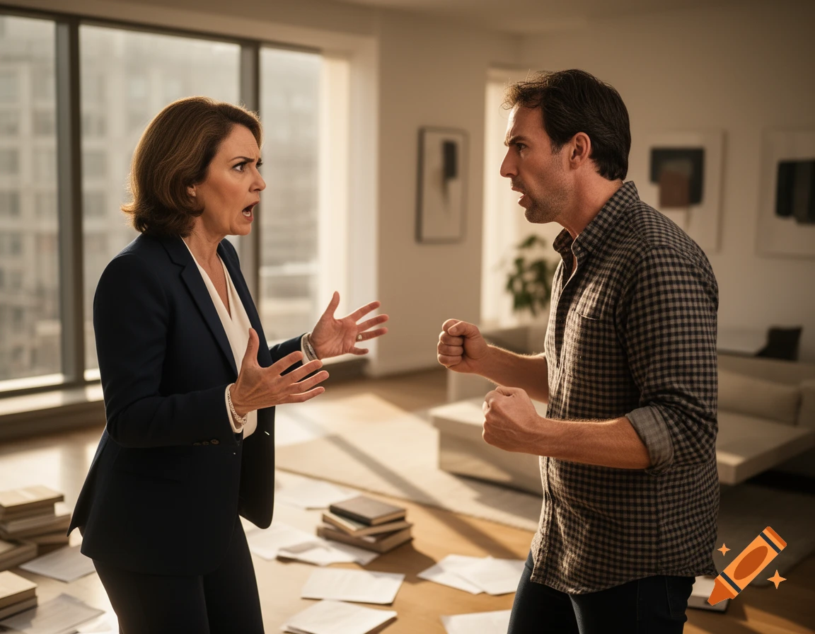A man and a woman in a modern room arguing fiercely, both gesturing with upset expressions, photorealistic style.