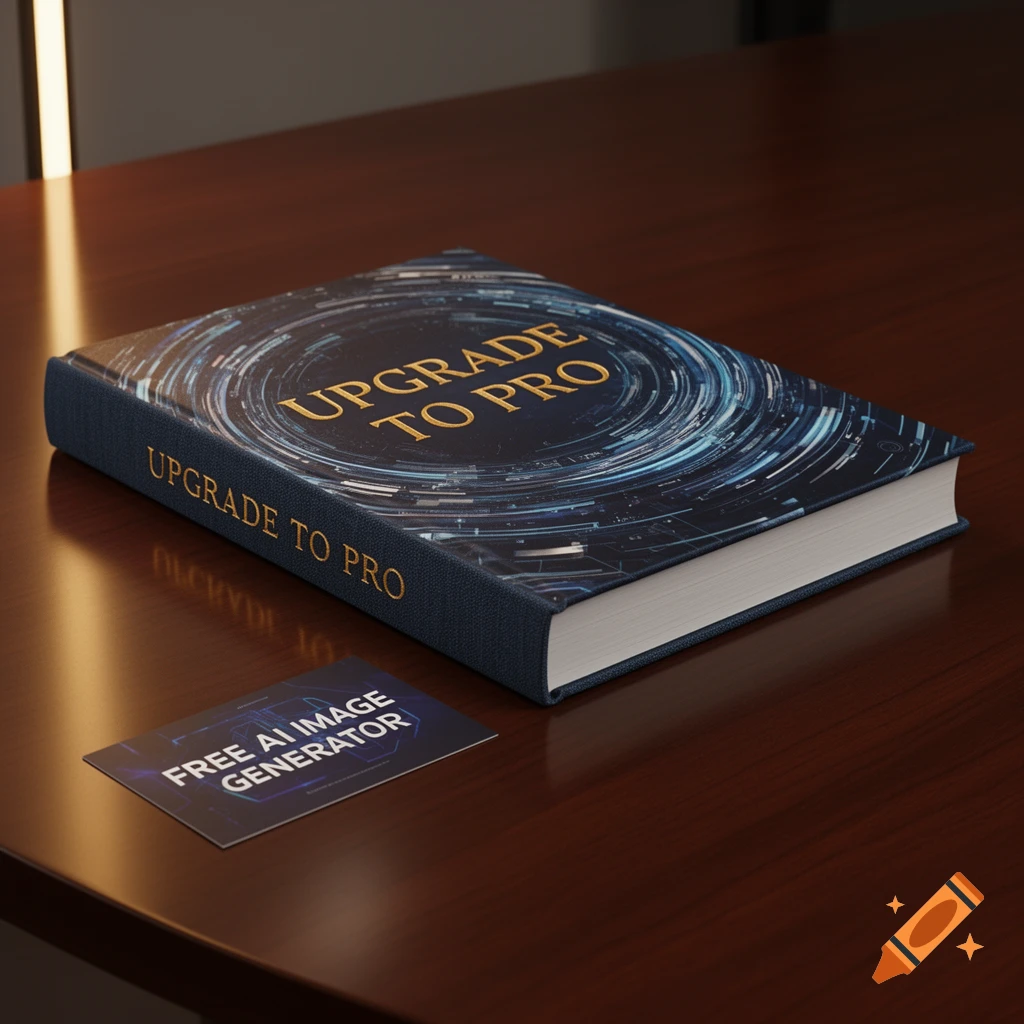 A photorealistic book titled 'UPGRADE TO PRO' and a 'FREE AI IMAGE GENERATOR' card on a dark wooden table.