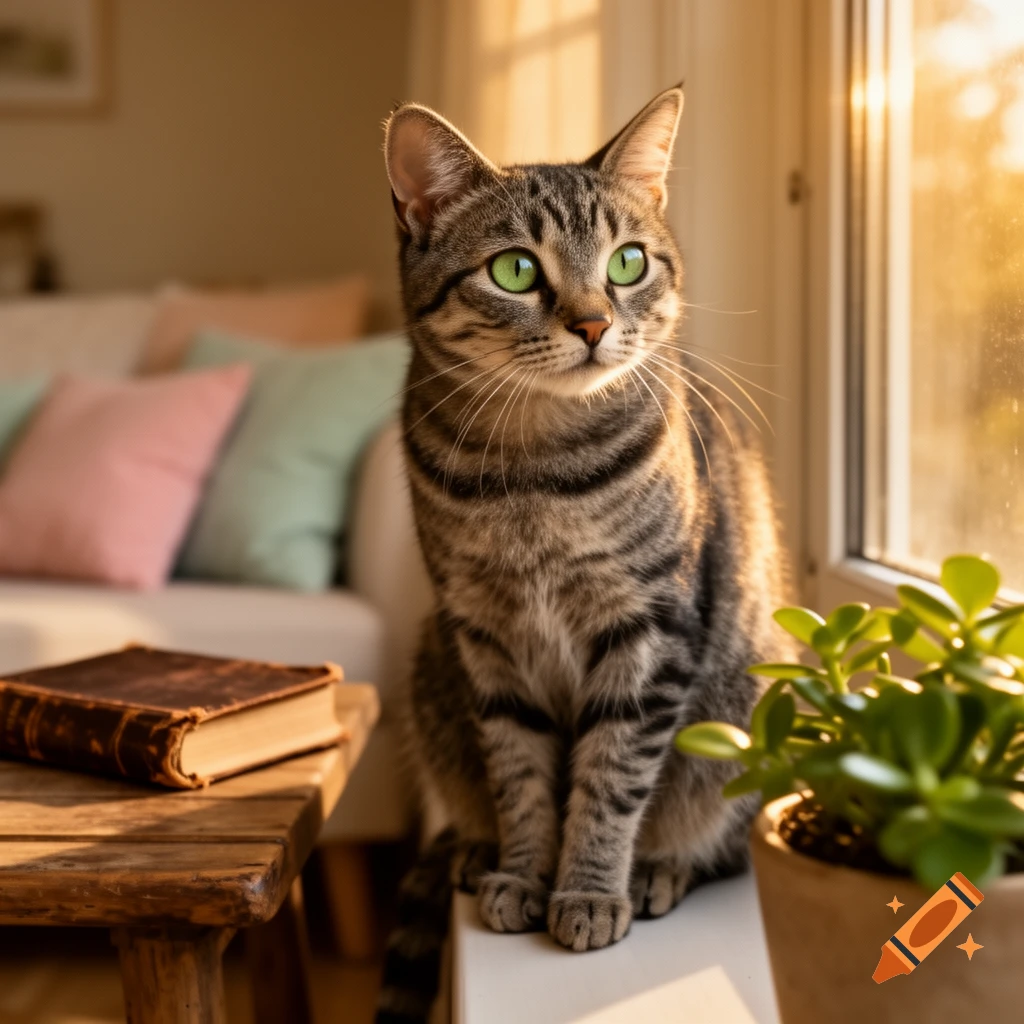 A tabby cat with striking green eyes sits on a sunny windowsill, looking out, next to a small plant and a book.
