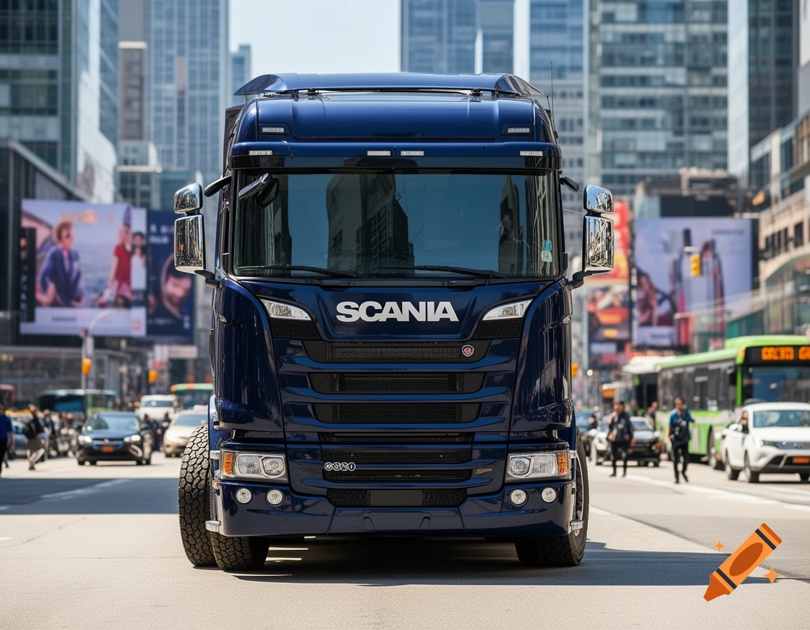 A blue Scania truck is parked on a city street, with blurred buildings, buses, and cars in the background.