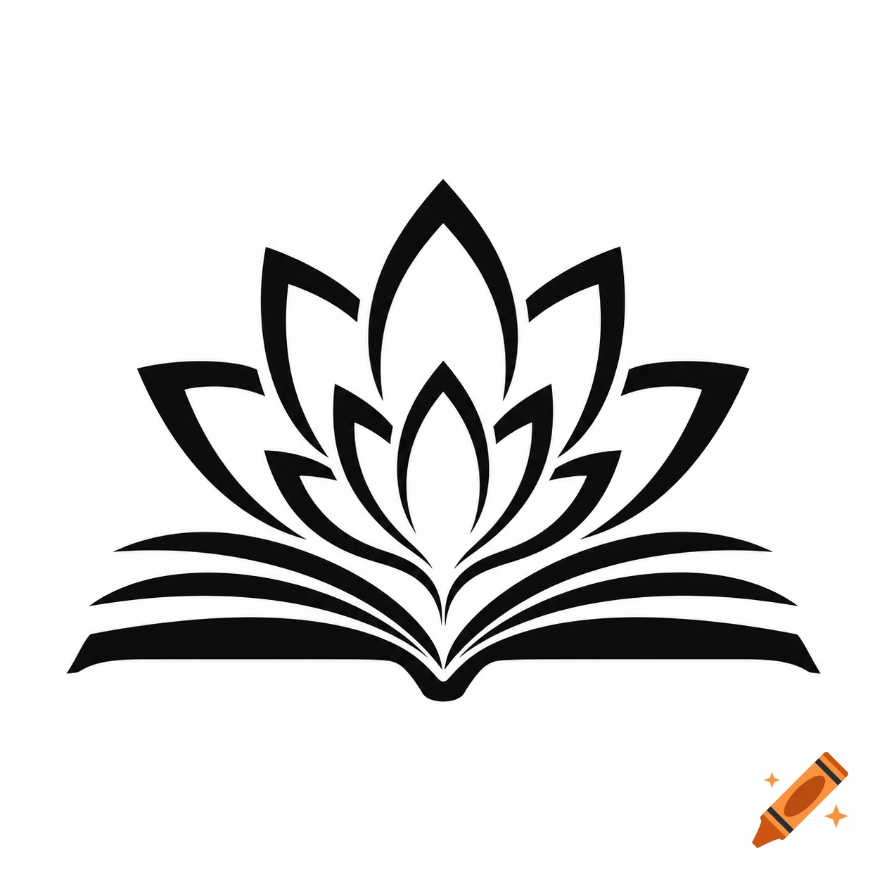 Black stylized lotus flower opening from an open book, minimalist logo on a white background.